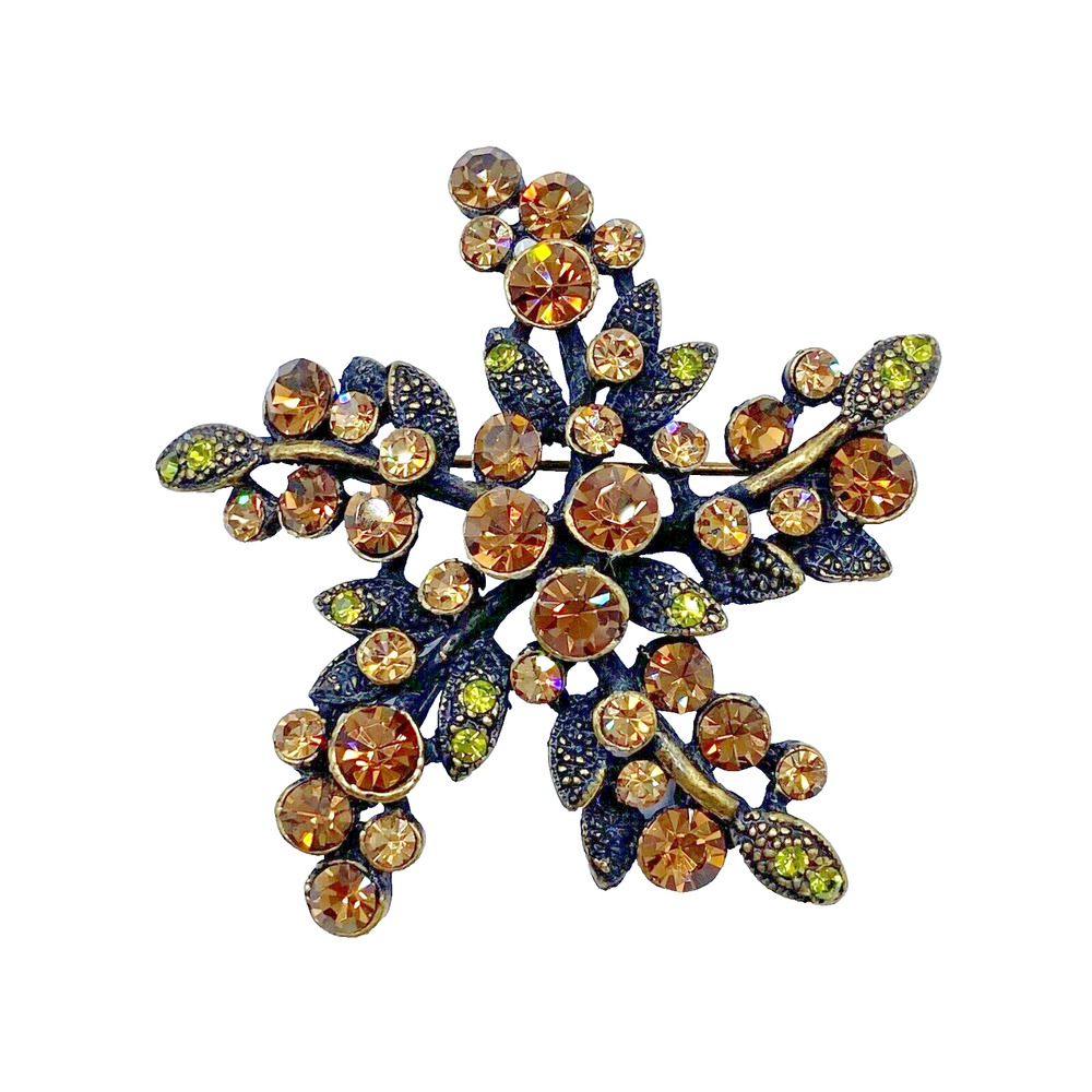 Vintage Star Flower Earth Tone Rhinestone Brass Brooch Brown Green Black 80-90s